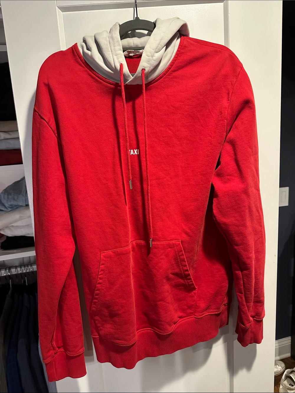 Helmut Lang Red Pullover Hoodie with Cream Hood
